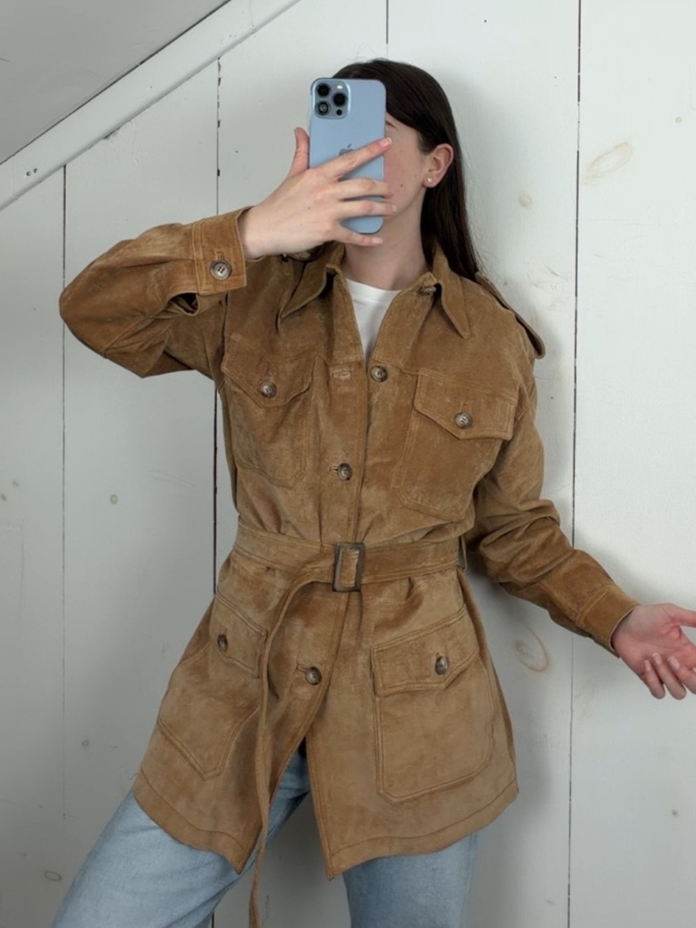 Vintage Suede Leather Belted Jacket Women’s Small Western Utility Safari Trench - Picture 1 of 11